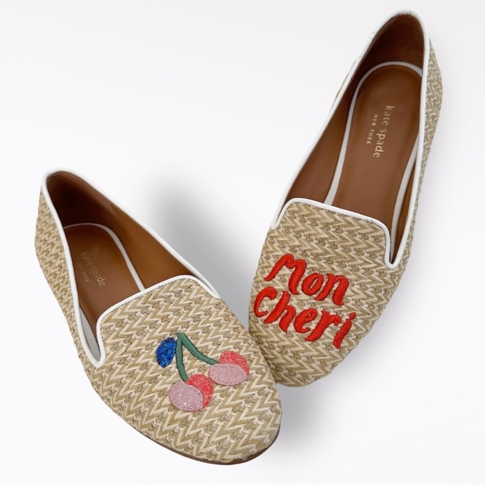 Kate Spade Beige Raffia Cherry Embroidered Women's Loafers Size 8